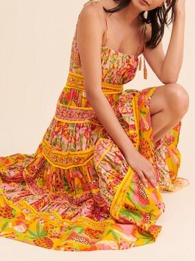 FARM Rio Mixed Fruits Paradise Midi Dress Orange/Yellow Ruffled Tiered Size L